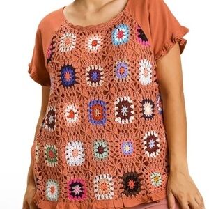 Umgee Terracotta Crochet Patchwork Blouse